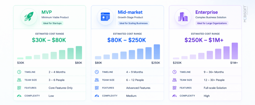 software development cost breakdown by project type MVP SaaS enterprise