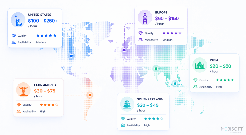  software development cost per hour by region US Europe India offshore