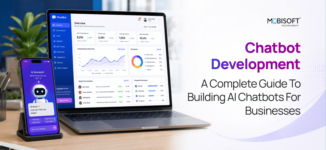 AI chatbot development services dashboard with conversational AI and enterprise automation workflows