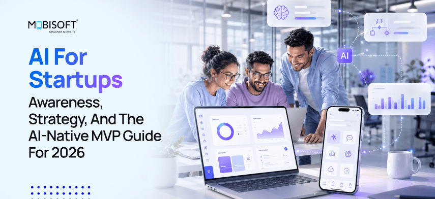 AI-native startup MVP development with founders using AI automation, analytics, and product strategy dashboards.