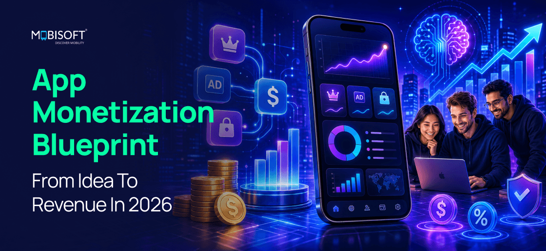 Mobile app monetization dashboard showing app revenue growth, subscriptions, and pricing strategy analytics
