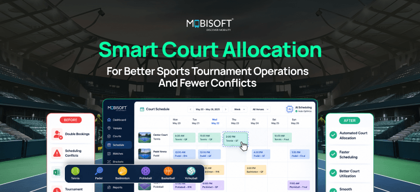 Smart court allocation dashboard for sports tournament scheduling software reducing booking conflicts