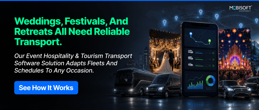 Event transportation service banner for weddings, festivals, and retreats