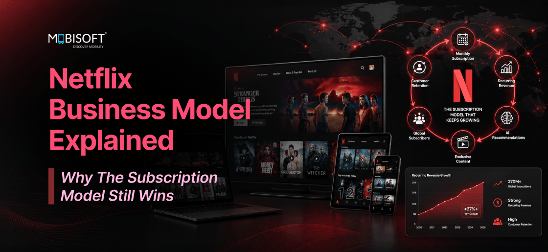 Netflix business model illustrating the subscription model, recurring revenue, and customer retention